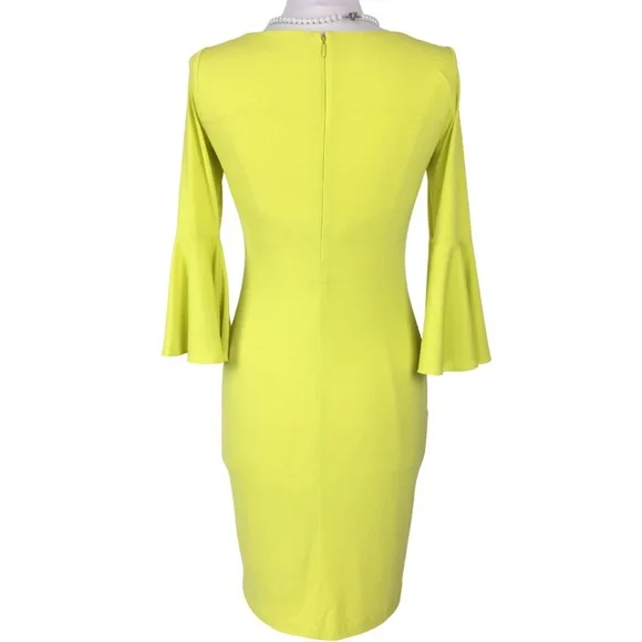 Calvin Klein Yellow Sheath Peplum Bell 3/4 Sleeve Midi Dress  size 2 - Picture 8 of 11